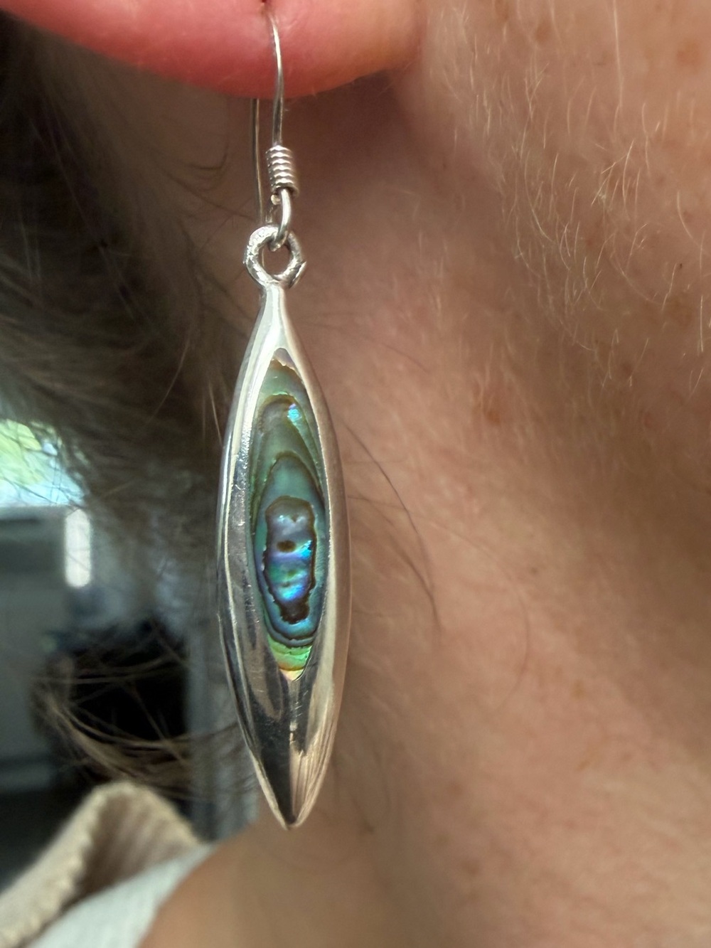 Vintage Silver Abalone Inlay Drop Earrings - Iridescent Blue-Green